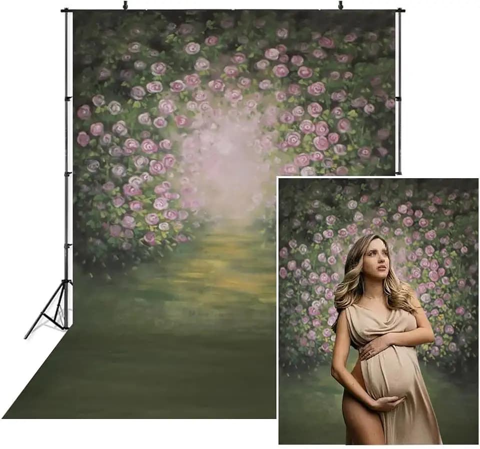 5x7ft Watercolor Pink Flower Green Leaves Painting Backdrop for Newborn Baby Shower Pregnant Mom Portrait Photography Background Photo Photoshoot Props