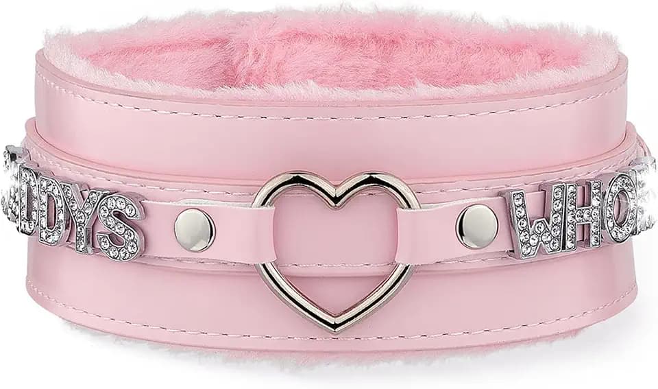 Pink Furry Heart O-ring Leather Choker For Women, Adjusted to 13.5"-18"