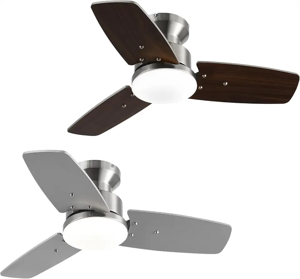 Conciseer 30 Inch Ceiling Fans with Lights and Remote, Bedroom Living Room Office, Flush Mount, 6CCT Dimmable, Dual Color 3 Blades 6 Speed Reversible Quiet DC Motor, Sand-nickel/Wood Grain, 2 Pack