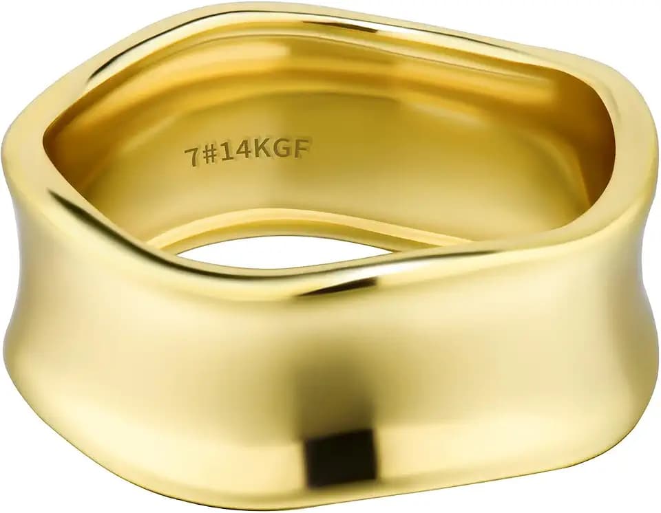 LUCA SMITH Gold Filled Ring for Women and Men, 14K Gold Band Wavy Chunky Ring, Unisex Stackable Rings for Pointer Finger, Irregular Wave Bands Fashion Jewelry