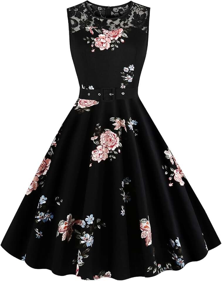 AXOE Damen 50er Jahre Kleid A-Linie mit Spitze & Gürtel