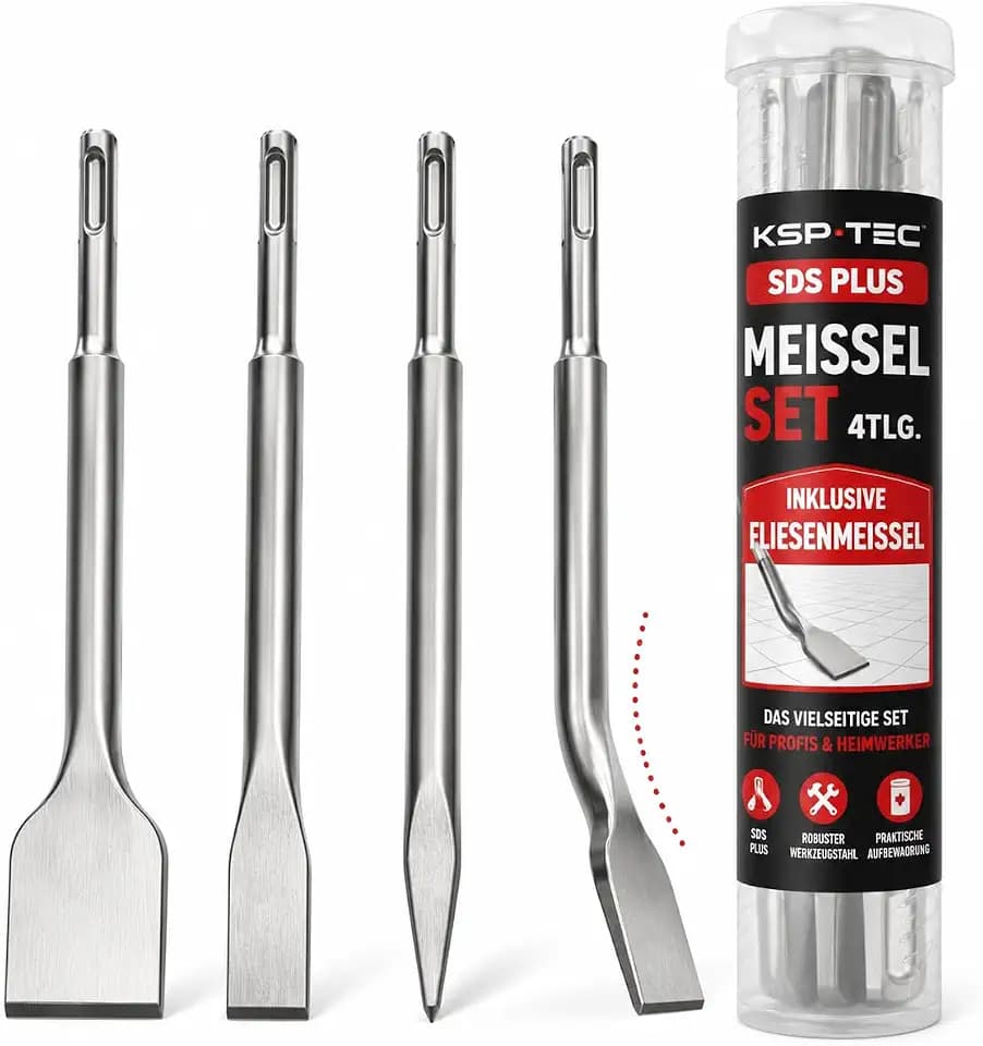 KSP-TEC® | SDS Plus Meißel Set | bestehend aus FLIESENMEIßEL, Flachmeißel und Spitzmeißel | verpackt in einer praktischen Drehbox (SDS Plus Meißel Set 4tlg.)
