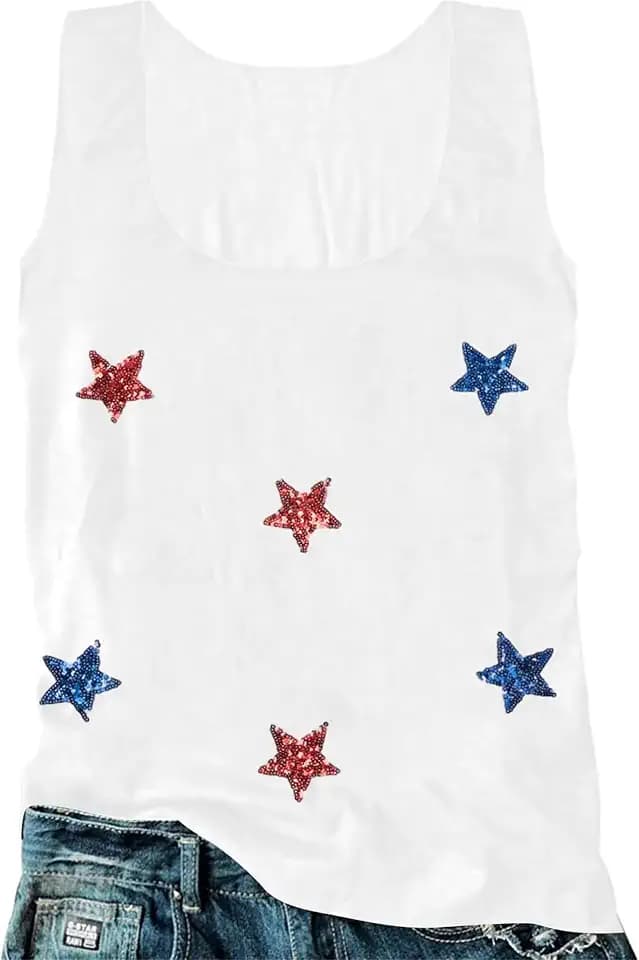 FAYALEQ American Flag Tank Top Women USA Star Sequin Sleeveless Tee