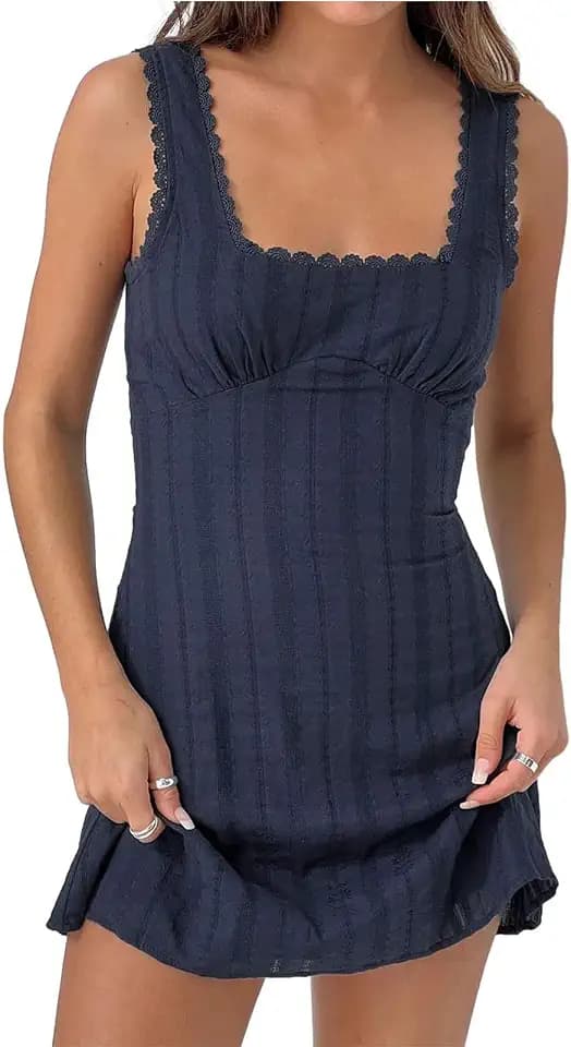 Womens Summer Cotton Square Neck Sleeveless Shift Mini Dress