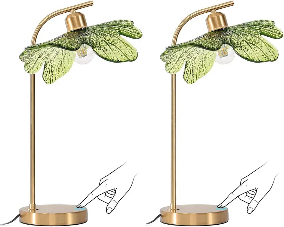 2 Pack Gold Table Lamp with Green Glass Shade, 18.9" Tall