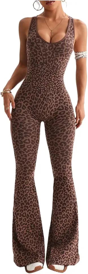 Verdusa Women's Cheetah Print Workout Sets Yoga Flared Pants Jumpsuits