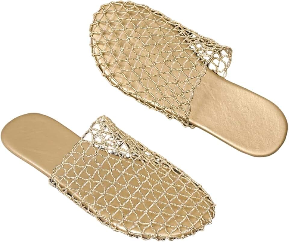OYOANGLE Women's Fishnet Mesh Sandals Hollow Out Slip On Summer Flats