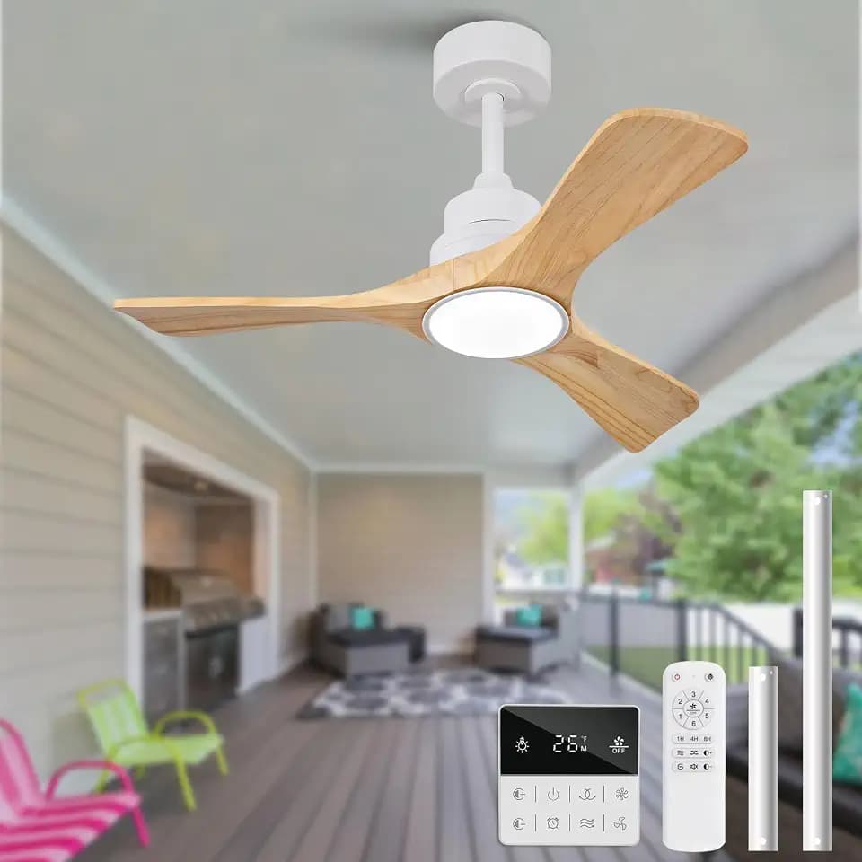 36 Inch White Ceiling Fans with Lights and Remote, Solid Wood Ceiling Fan with Light, Modern Small Indoor Outdoor Ceiling Fan for Patio Bedroom Study, Wall Switch, Dimmable, Reversible DC Motor