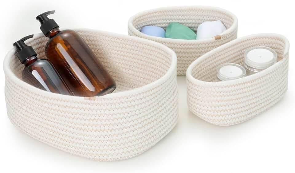 Cozary Aufbewahrungskorb Aus Baumwolle – Handgefertigter Badezimmer Organizer & Multifunktionskorb (2 Größen) – Aufbewahrungskorb Geflochten Für Bad, Küche, Kinderzimmer – 3 Stück