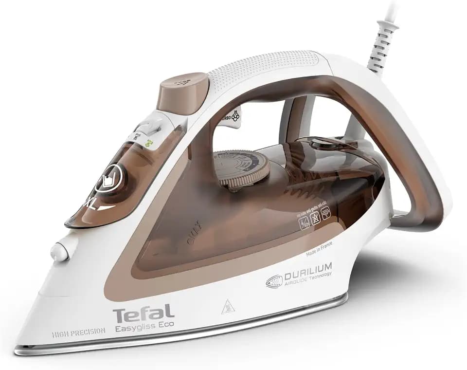 Tefal Easygliss Eco Dampfbügeleisen, 2800 Watt, 240 g/Min. Dampfstoß, 50 g/Min. automatischer Dampf, Vertikaldampf, Durilium AirGlide Bügelsohle, 88% recycelbar, Eco-Modus, mocha/weiß, FV5780