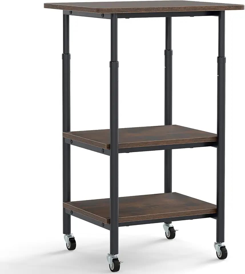 FANTASK Höhenverstellbar Druckertisch mit arretierbaren Rädern, 3-stufiger Beistelltisch Schmal mit Rollen, Aufbewahrungswagen mobil für 3D-Drucker, Faxgerät 49 x 40 x 77 cm (Braun)