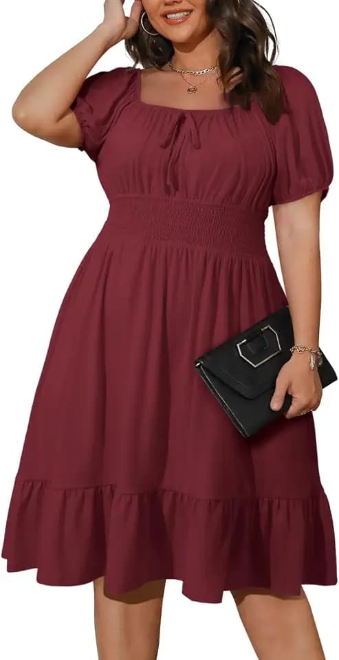 Eytino Plus Size Dress for Women Short Sleeve Square Neck Casual Mini Short Dresses Beach Vacation (1X-5X)
