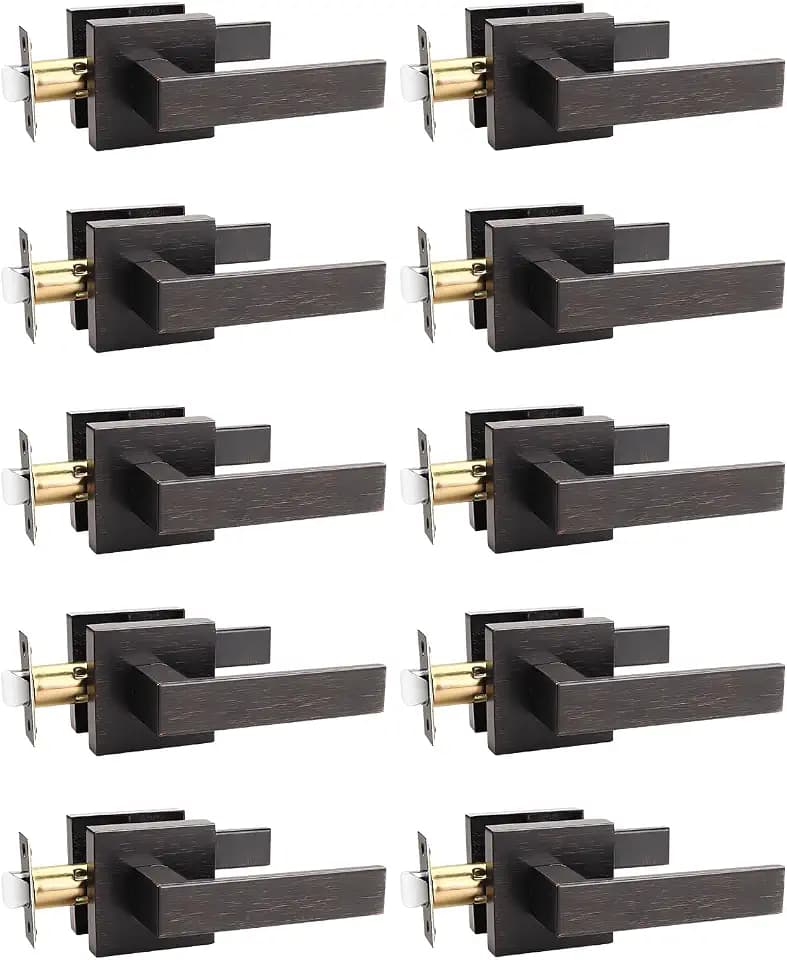 TINEWA 10 Pack Oil Rubbed Bronze Passage Door Handles Interior, Vintage Square Closet Door Knobs Interior, Heavy Duty Passage Door Handles for Hallways, Closets