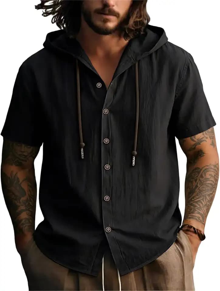 CLOAKA Lyocell Leinenhemd Herren Kurzarm Sommer Oversized Button Down Freizeithemden Loose Fit Urlaub Strand Mode Casual Shirts mit Kapuze