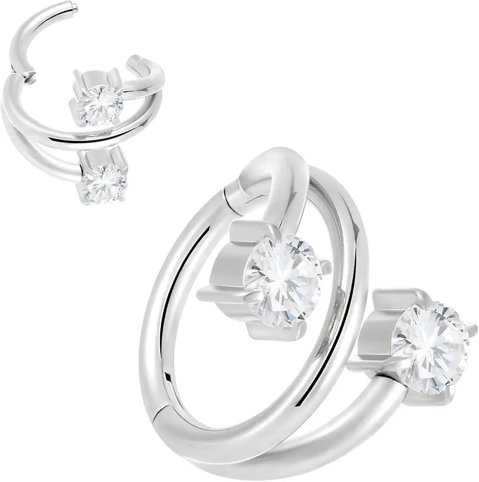 2PCS Titanium Double Hoop Gem Septum Ring | 16G Hinged Segment Ring Clicker | CZ Crystal Nose Hoop Lip Tragus Helix Daith Cartilage Earring | Implant Grade Body Piercing Jewelry
