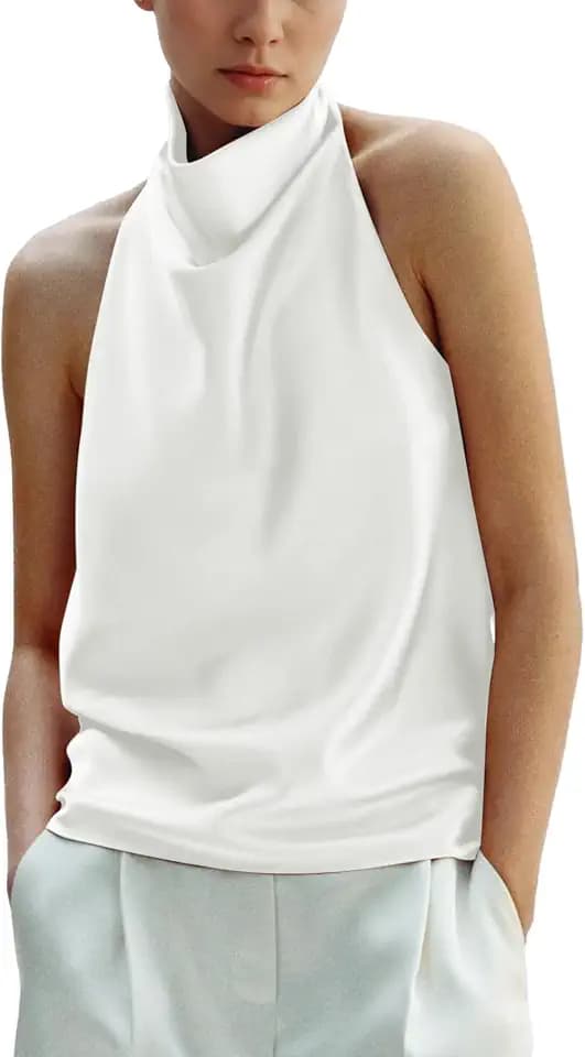 Women's Silk Satin Tank Tops Halter Draped Front Sexy Backless Womens Summer Tops Elegant Camisole Tops