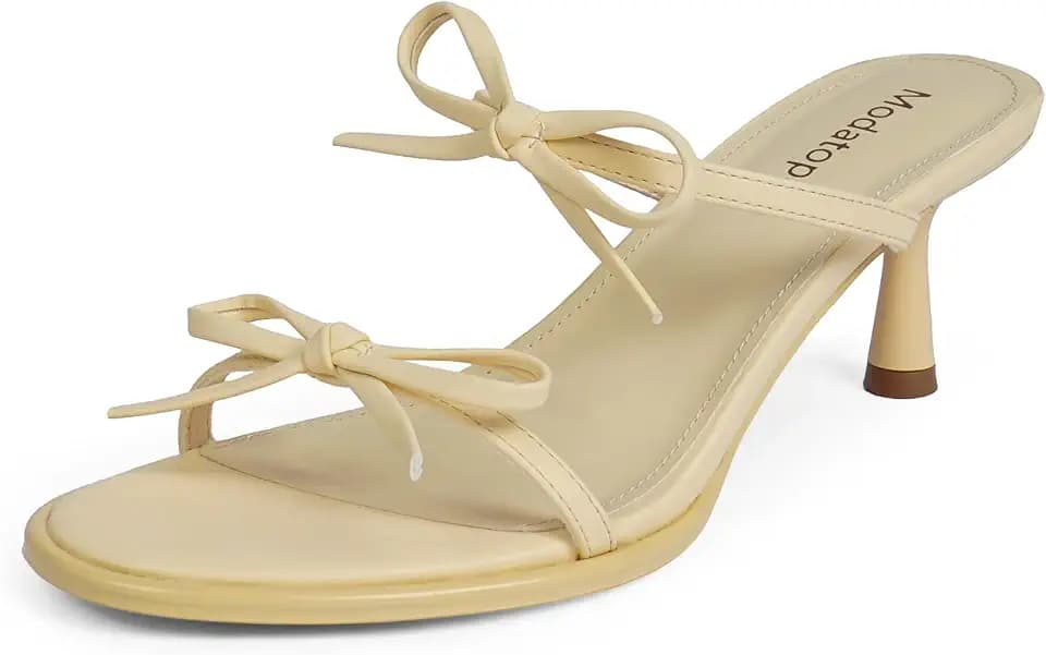 Modatope Two Strap Heeled Sandals for Women Kitten Heel Rounded Toe Heels Women Slip on Open Toe Sandals