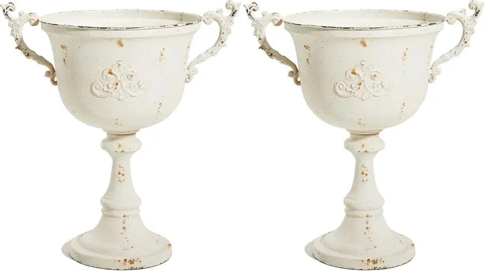 Worth Garden 21" H. Metal Urn Planters 2-Pack - White Classic Antique Iron Plant Pots - Decorative Rustic Flower Pots for Outdoor Use - Traditional Urn Planter for Garden, Patio, Front Porch
