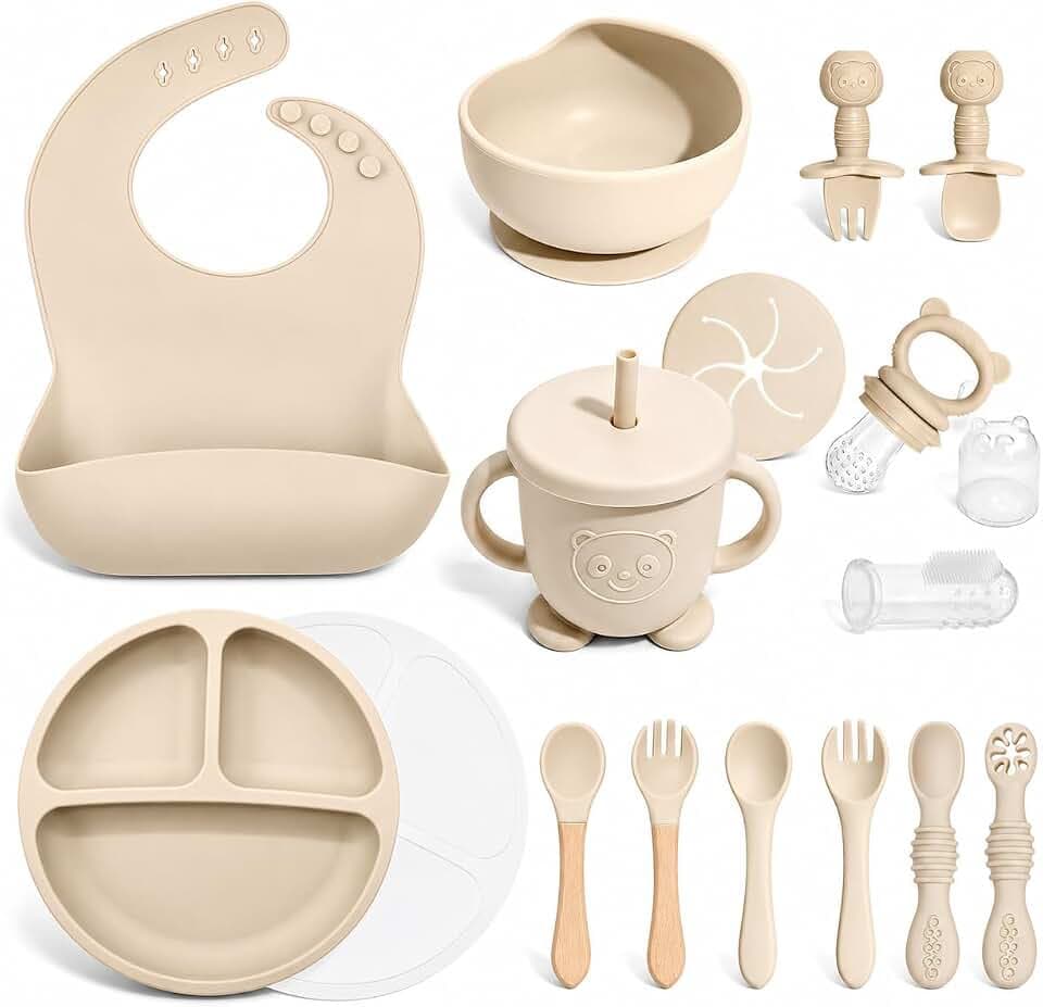 Silicone Baby Feeding Utensils Set for 6+ Months, 17 Pcs, Beige