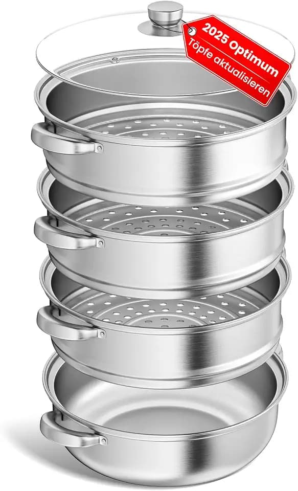 Dampfgarer zum Kochen – 28 cm Edelstahl-Dampfgarer mit Dämpfeinsatz, 3/4/5-stöckiges Kochgeschirr mit Deckel zum Garen von Gemüse, Meeresfrüchten, Suppen, Eintöpfen und Pasta (Vier)