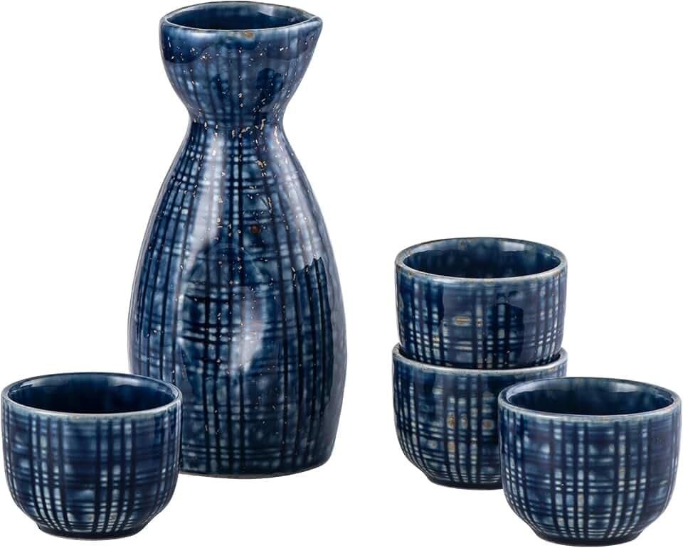 UNICASA Sake Set Keramik Mit Becher und Wein Topf für Wärmeren - 1 Sake-Topf 4 Sakebecher, Dunkelblau