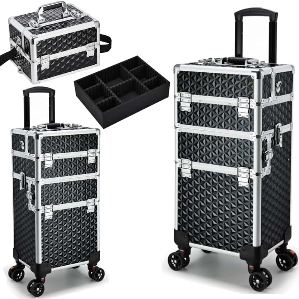 Professional Rolling Makeup Case, 3 in 1 Makeup Train Case, Cosmetology Case on Wheels, Large Makeup Trolley Salon Barber Traveling Trunk Suitcase for Makeup School Nail Tech Hairstylist MUA, Black