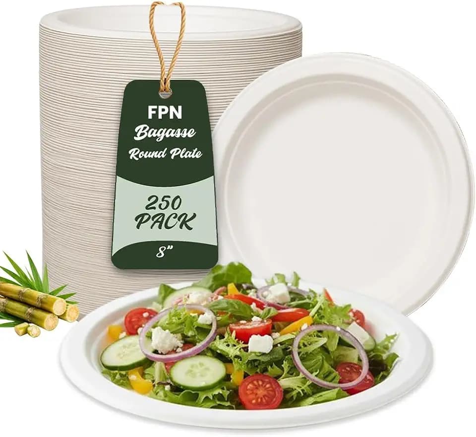 Round Compostable Plates 8 Inch 250 Pack Heavy Duty Disposable Plates | Sugarcane Biodegradable Paper Plates, Microwave & Freezer Safe for Parties, Weddings, Catering & Everyday Dining