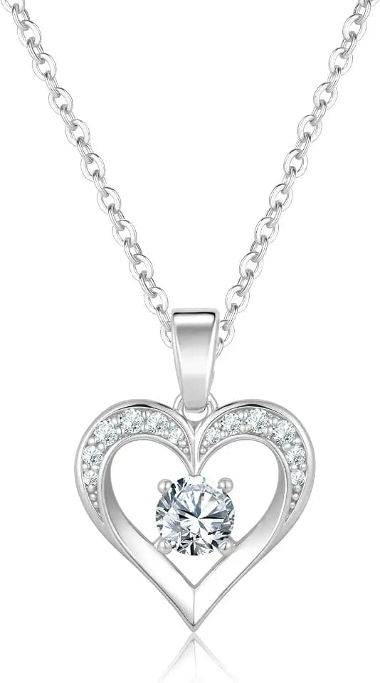Silver Heart Necklace, Dainty 14K Gold/Silver Plated Pendant Necklaces for Women Trendy Love Heart Cubic Zirconia Necklace Tarnish Free Gold Jewelry Unique Gifts for Her