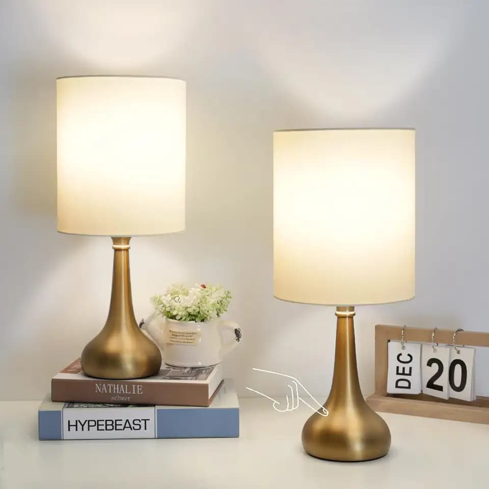 Set of 2 Bedside Touch Lamps, 16 Inch Dimmable Small Nightstand Lamp, Night Light Lamp Simple Touch Table Lamp with Brass Metal Base for Living Room Bedroom Office, A19 3000K Led Bulb Included