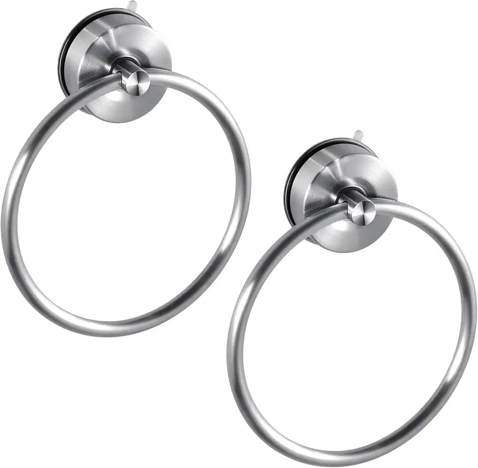 JOMOLA Stainless Steel Suction Cup Towel Ring Holder for Bathroom - Rustproof No Drill Wall Mount Towel Rack, Adjustable & Damage-Free Bathroom Accessories for Shower, Spa, Hotel, Brushed (2-Pack)