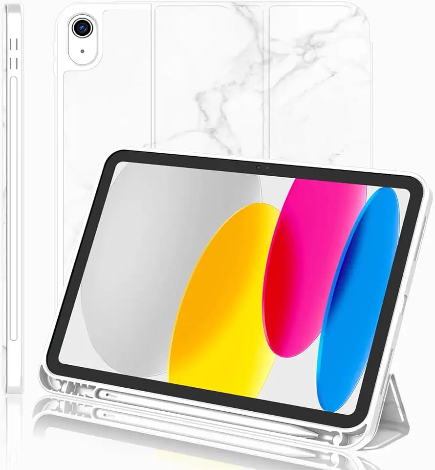 iMieet iPad (A16) Case 11th Gen/iPad 10th Generation Case [11-Inch 2025/10.9 Inch 2022] with Pencil Holder, Trifold Stand Smart Cover with Soft TPU Back,Auto Wake/Sleep(New Marble White)