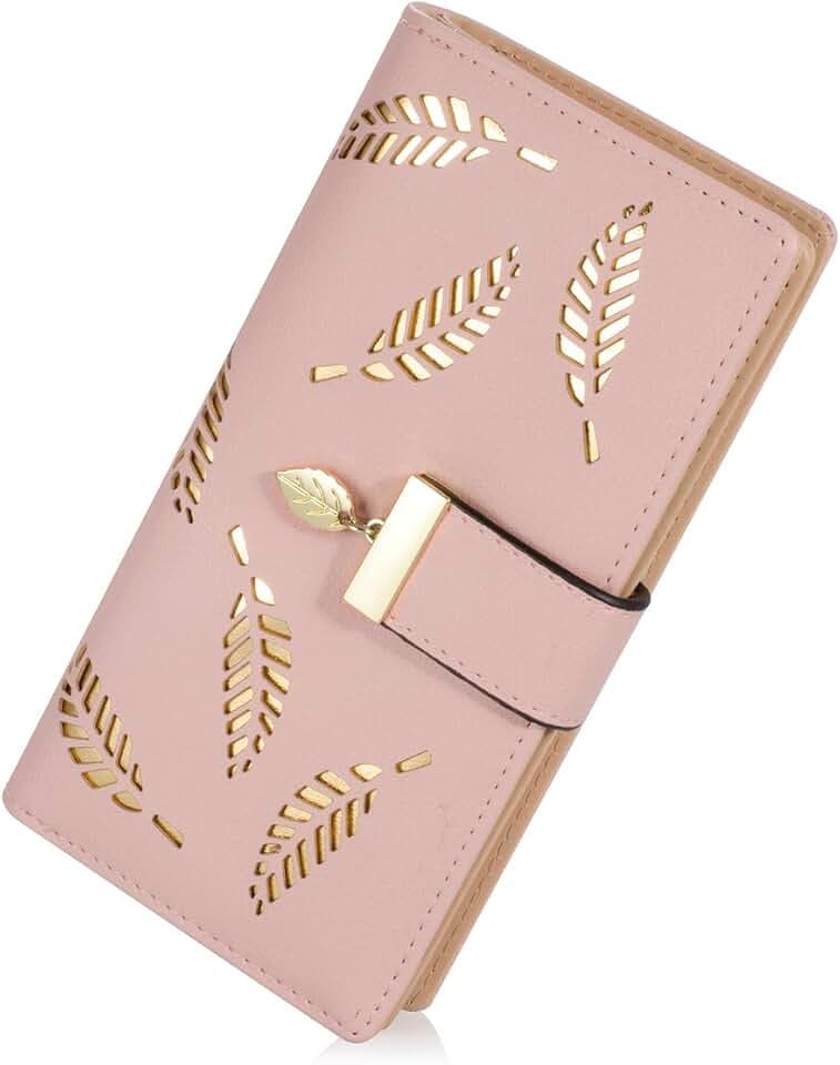 Sweet Cute Chocolate Women's Long Leaf Bifold Wallet Leather Card Holder Purse Zipper Buckle Elegant Clutch Wallet Handbag for Women - Pink