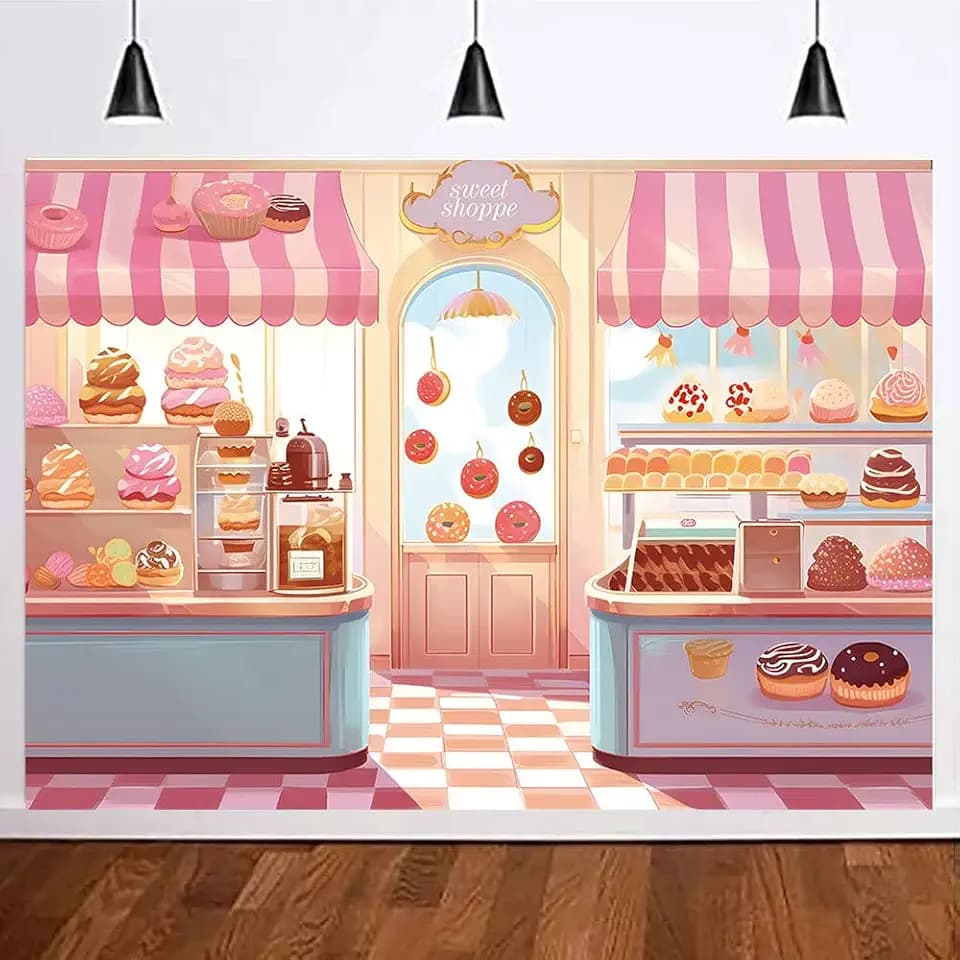 Sweet Shoppe Backdrop for Girls Birthday Party Decoration Pink Sweet Shoppe Photography Background for Baby Shower Cute Cream Cake Photo Booth Studio Cake Table Decor 7X5ft