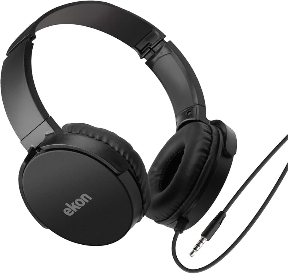 Ekon On-Ear Kabelkopfhörer für TV, AUX Klinke 3,5 mm, 5 Meter Kabel, gepolsterte Ohrmuscheln, verstellbar, schwarz