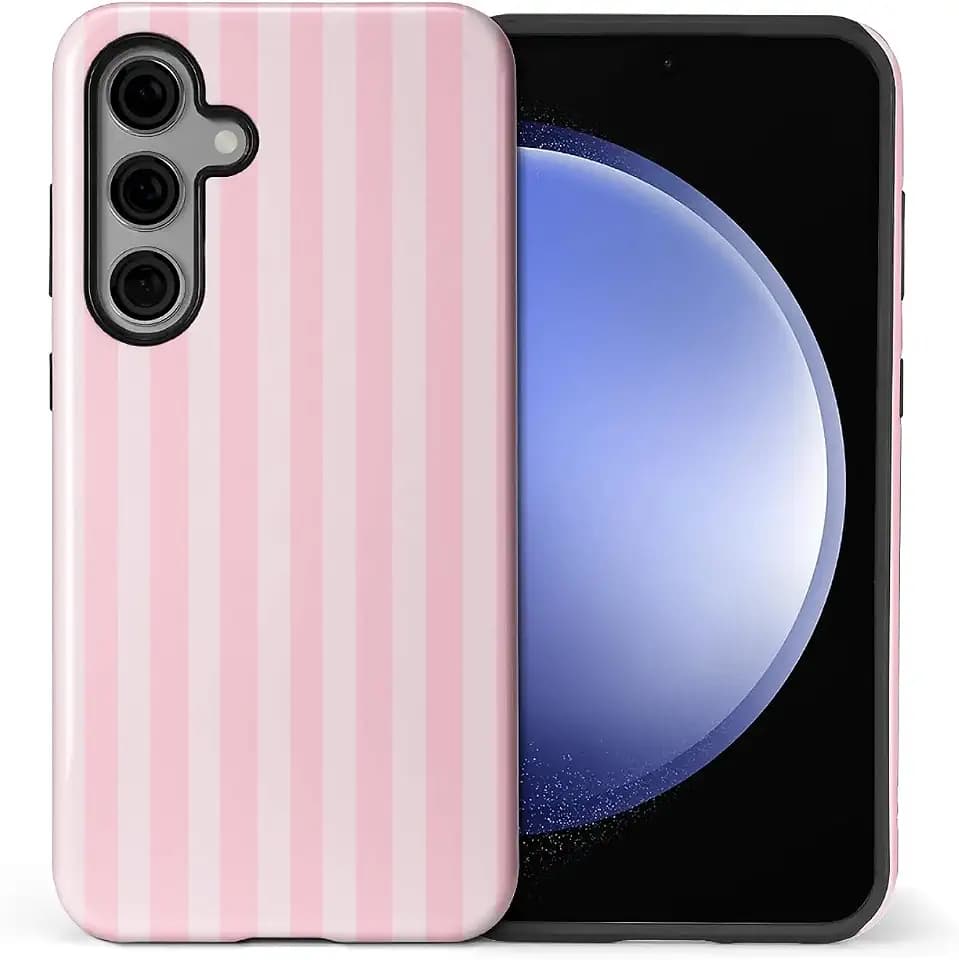 Compatible with Samsung Galaxy S24 Glossy Case for Girl Boy Full Body Design Soft Silicone Drop Shock Scratch Protection Crazy Pattern Cream and Pink Stripes Geometric Vertical Line
