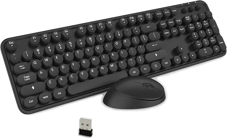 Wireless Keyboard and Mouse Combo, Retro Style Keyboard with Round Keycaps, 2.4GHz Dropout-Free Connection Mouse with 3 Adjustable DPI for Windows Notebook PC (Black)