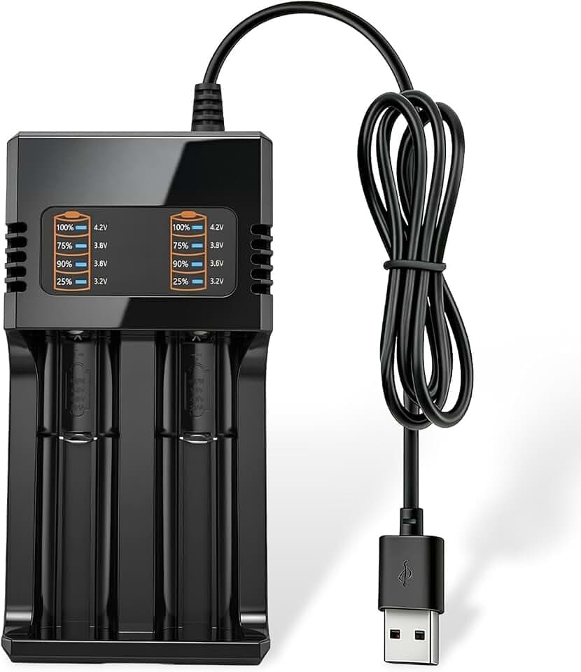 18650 Ladegerät, Wiederaufladbarer 3,7V Akku mit Ladegerät, 4,2V 2000mA 2 Schächte Intelligentes Batterieladegerät über LED-Anzeige, kompatibel mit 21700 26650 16340 14500