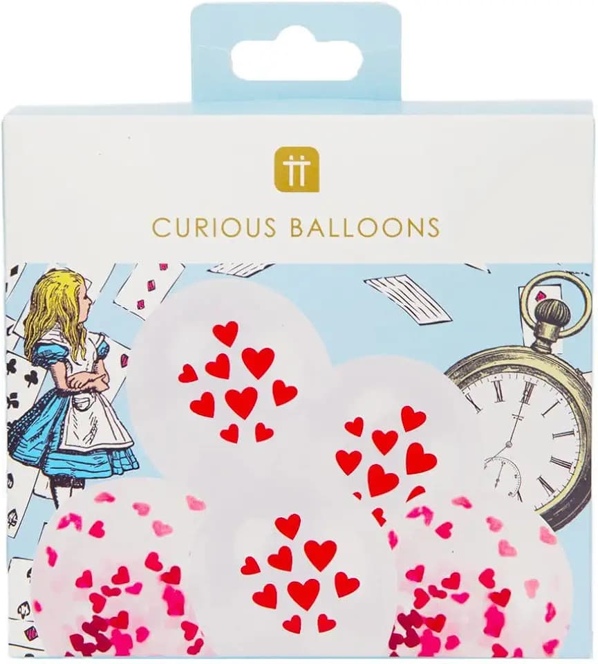 Talking Tables 12 Stück rote Herzballons | Alice im Wunderland Party Dekorationen für Valentinstag, Verlobung | Bedrucktes Design und Konfetti Luftballons mit Band zum Befestigen