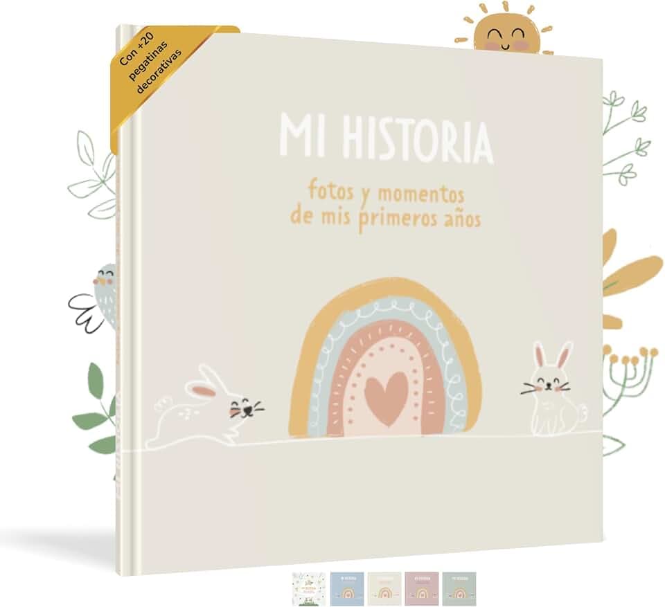 HuBorns - Babyalbum Erstes Jahr bis 5 zum Einkleben von Fotos, Fotoalbum Kinder +50 Seiten und Stickern, Originelles Erinnerungsbuch Baby, Fotoalbum Baby für Babyparty Geschenk