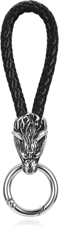 Zysta Wikinger Schmuck Wolfskopf Schlüsselanhänger Leder Auto Keychain Schlüsselhalter Punk Biker Schlüsselbund Amulett für Herren Damen (Wolfskopf)