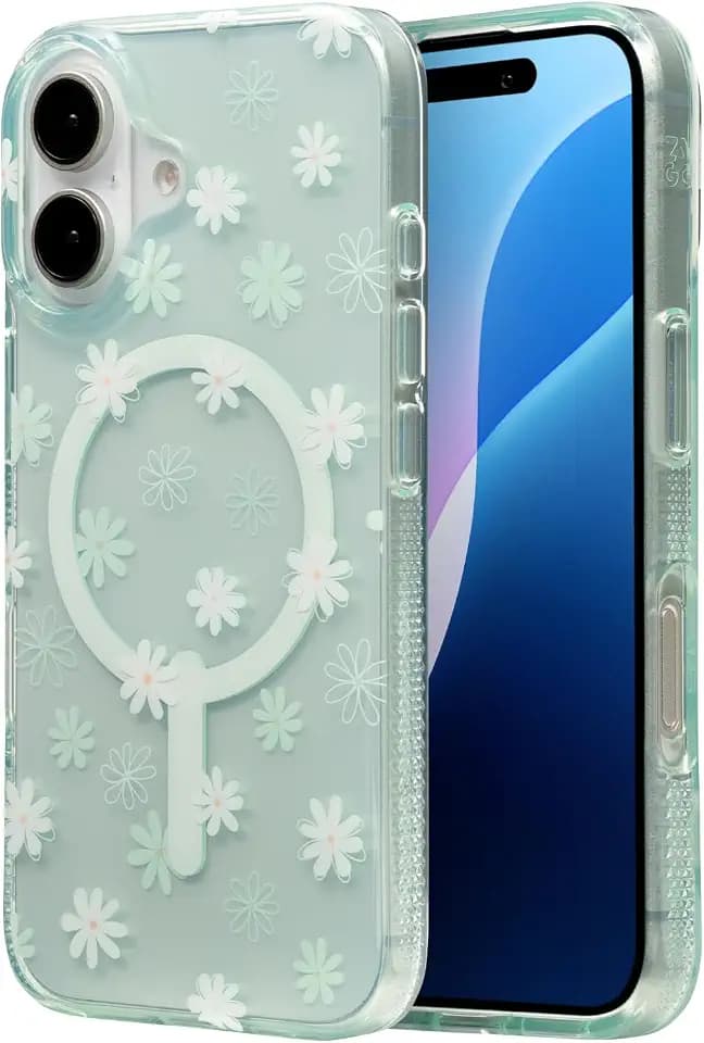 ZAGG Milan Snap Case for iPhone 16 - Floral Design on Green Transparent Base, MagSafe & Wireless Charging Compatible, 13ft Drop Protection, Eco-Friendly, Graphene Reinforced, Green Daisies
