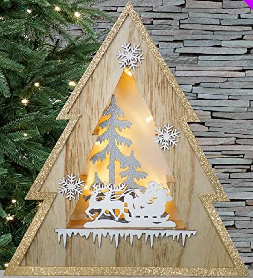 Großer Weihnachtsbaum aus Holz mit goldenem Glitzer, gerahmt, Wandkunst, LED-Weihnachtsmann und Schlitten mit Schneeflocken, 32 x 29 cm