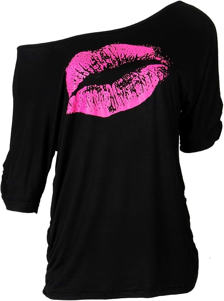 Smile Fish Women Casual Oversized Sexy Lips Print Off Shoulder T-Shirt