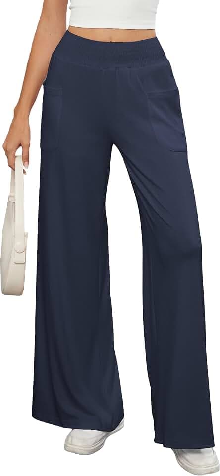 Famulily Lässige Damenhose, ausgestellt, weites Bein, elastische Taille, Palazzo, Strand, Reisen, Urlaub, Hose mit Taschen
