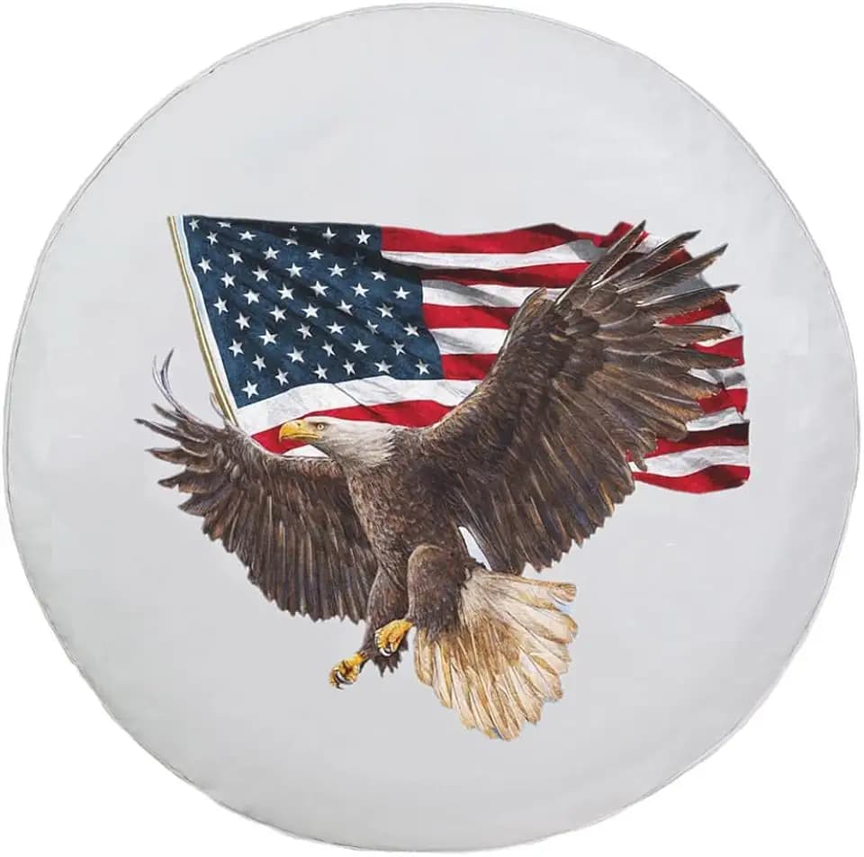 American Eagle USA Flag White Spare Tire Cover Fit RV SUV Trailer (16 Inch)