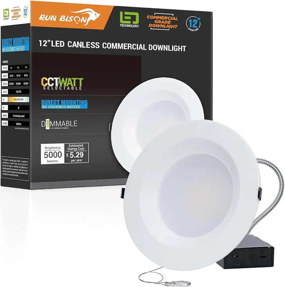 12 Inch Recessed LED Commercial Downlight with J-Box, Wattage Adjustable 30/40/50W,3 Color Selectable 3000K-5000K, 120-277V,0-10V Dimmable,IC Rated,Canless LED Downlight,ETL Listed-1PK