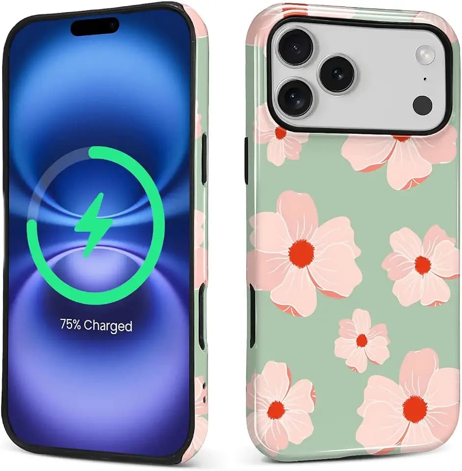 Magnetic Case for iPhone 18 Pro max iPhone 17 Pro max,Compatible with Magsafe Hybrid Heavy Duty 2 in 1 Full Body Rugged Shockproof Protection Glossy Simple Flowers Pink