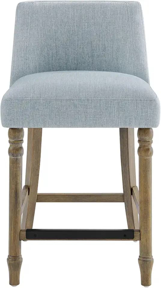 Martha Stewart Delaney Upholstered Mid-Century Modern Counter Stool with Turn Legs, Footrest and Kickplate for Kitchen Island Chairs Dining Room Furniture, Home Bar, Blue