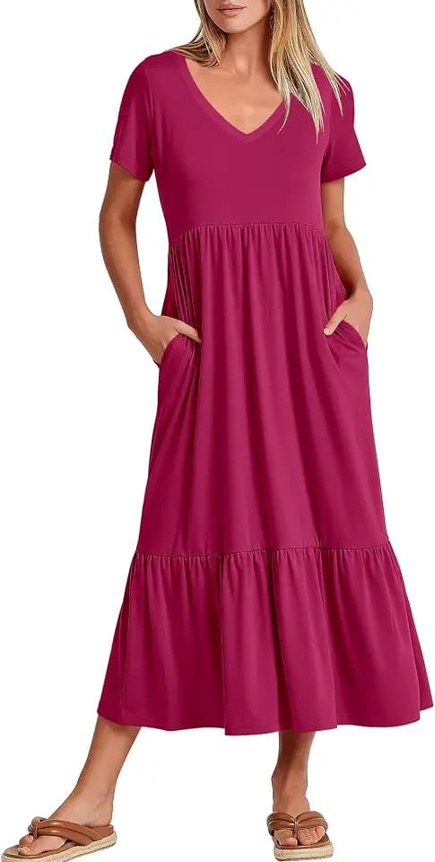 ANRABESS Women's Summer Casual Short Sleeve T Shirts Maxi Dress Flowy V Neck Tiered Beach Vacation Sundress 2026 Outfits