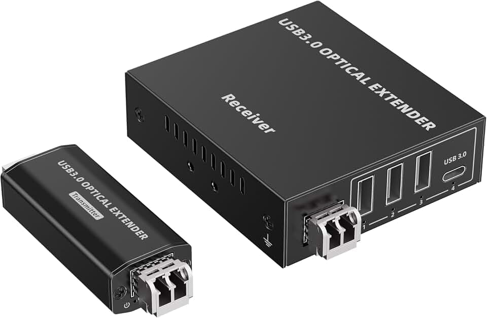 PremiumCord Optischer 4-Port USB-Extender bis zu 300m, USB 3.2 Super-Speed 5 Gbit/s, Multimode-Glasfaser-Extender, Metallgehäuse, Schwarz